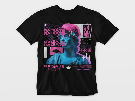radiate, youth, vaporwave, statue art, streetwear, neon style, bold tee, 90s vibe, retro fashion, graphic tee, trendy shirt, colorful design, urban style, pink blue, modern art, digital glitch, aesthetic tee, flame icon, pop art, edgy wear