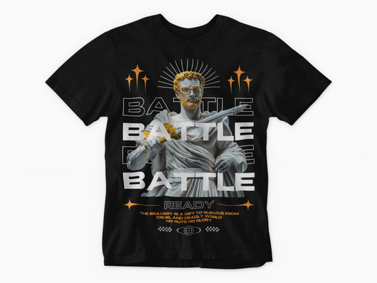 warrior t-shirt, gladiator style, modern statue art, streetwear graphic tee, fight for greatness, bold apparel, ancient hero look, motivational fashion, aesthetic warrior, no guts no glory

