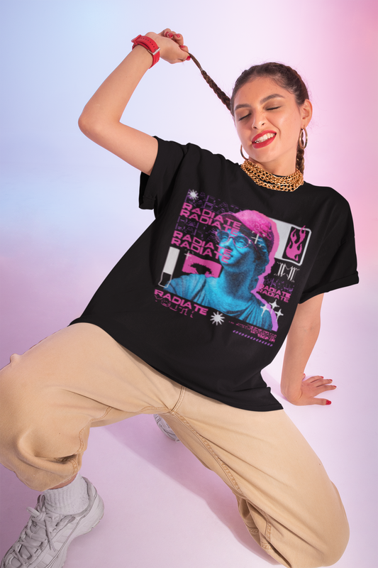 radiate, youth, vaporwave, statue art, streetwear, neon style, bold tee, 90s vibe, retro fashion, graphic tee, trendy shirt, colorful design, urban style, pink blue, modern art, digital glitch, aesthetic tee, flame icon, pop art, edgy wear