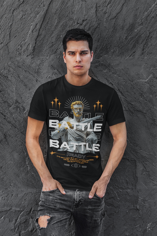 warrior t-shirt, gladiator style, modern statue art, streetwear graphic tee, fight for greatness, bold apparel, ancient hero look, motivational fashion, aesthetic warrior, no guts no glory

